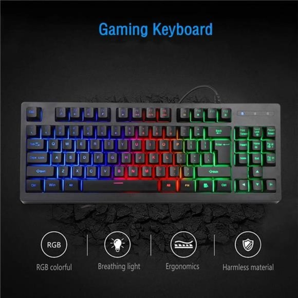 RGB 87 Keys Gaming Keyboard and Backlit Mouse Combo,BlueFinger USB Wired Rainbow - Picture 2 of 6